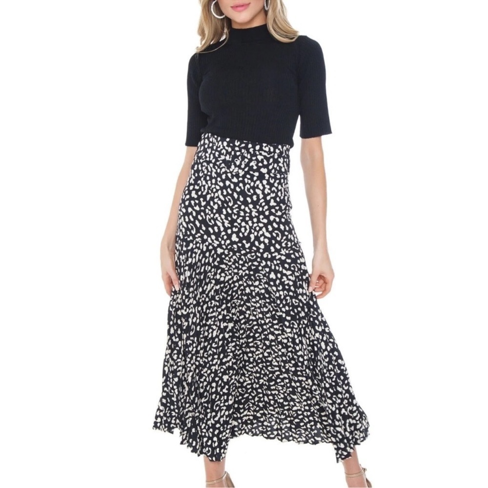 Bardot Black Beige High Waisted Pleated Midi Skirt Size Small / 6
